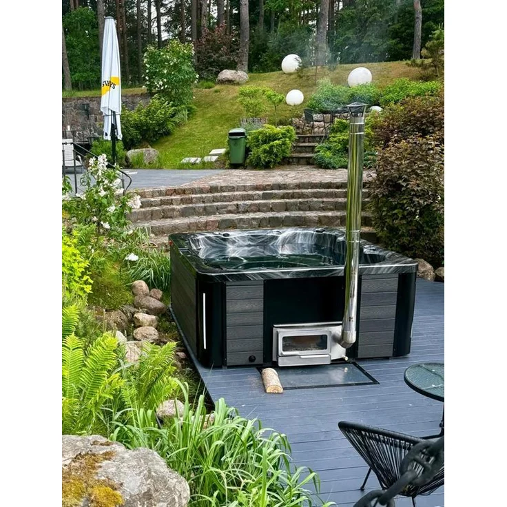 AEA Whirlpool Badefass mit externem Holzofen, Thermoholz Pool für Garten & Entspannung, schwarz, 220 cm x 220 cm