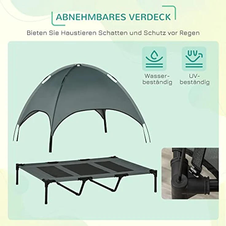 Pawhut Haustierbett mit Baldachin, Erhöhtes Hundebett, Hundeliege Outdoor mit Dach, Atmungsaktiv, Taftstoff Grau 122 x 92 x 108 cm – Bild 5