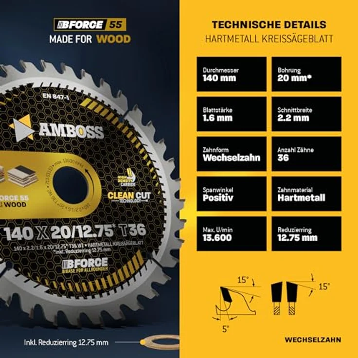 Amboss Werkzeuge HM Kreissägeblatt 140x20 12.75 Z36 Wechselzahn für Holz - Feinschnitt, passend zu Black & Decker DN 227 H. KS 40. KS 227, 140mm +Reduzierring 12.75 20mm, Bforce 55, Amboss-Qualität - für professionelle Holzbearbeitung geeignet – Bild 4