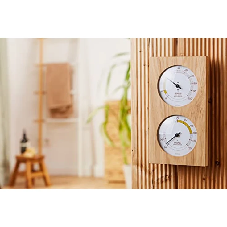 TFA Dostmann Analoges Sauna-Thermo-Hygrometer, mit Eichenrahmen, Temperatur, Luftfeuchtigkeit, hitzebeständig,L 130 x B 40 x H 242 mm – Bild 4