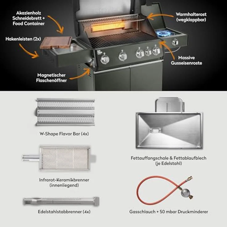 BURNHARD® Big FRED Deluxe, Gasgrill 4-Brenner mit 21,2 kW, Infrarot-Keramikbrenner, Edelstahl-Stabbrenner, Seitenkochfeld, große Grillfläche 70 x 41,5 cm, Piezo-Zündung, Gussrost – Bild 4