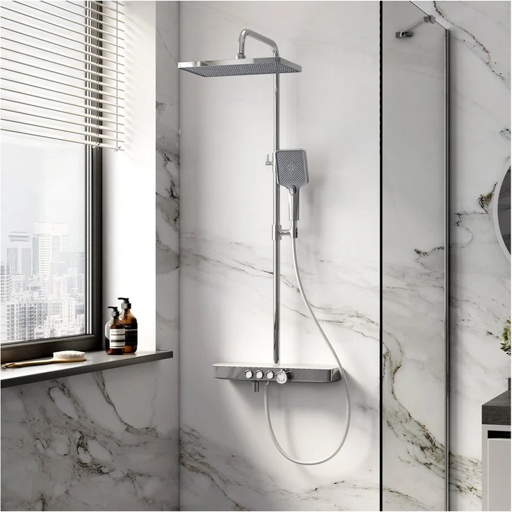 EMKE Duschsystem Höhe 118 cm, 38℃ Thermostat, Regendusche, 3 Strahlarten, Verbrühschutz, Chrom