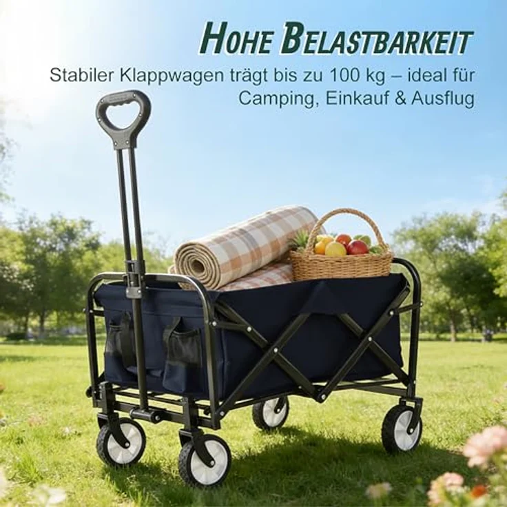 Relaxdays Bollerwagen, faltbar für bis zu 100 kg, Teleskopgriff, Oxford-Gewebe, Transportwagen für Einkauf, Camping & Strand, blau – Bild 2
