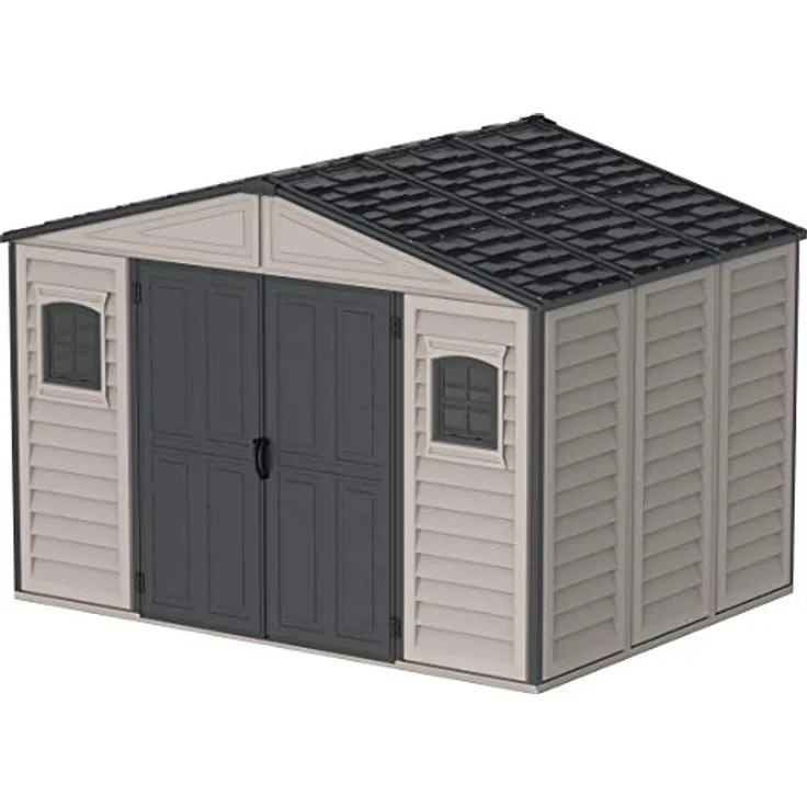Duramax WoodBridge II PLUS 10.5 x 8 (7.64 m²) Kunststoff gerätehaus mit Metallfundamentset und 2 festen Fenstern, wartungsfreie und robuste und Dachstruktur aus Metall, Gerätehaus, Dunkelgrau/Adobe5