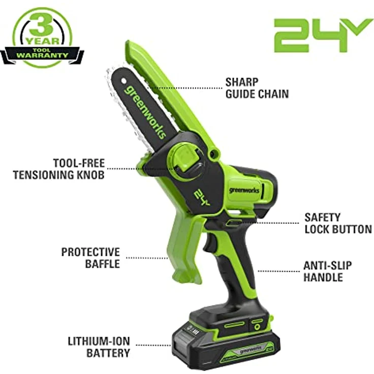 Greenworks G24MCS10K2, 24 Volt Mini Akku Kettensäge mit 450 Watt, Akku und Ladegerät, leicht und handlich – Bild 2