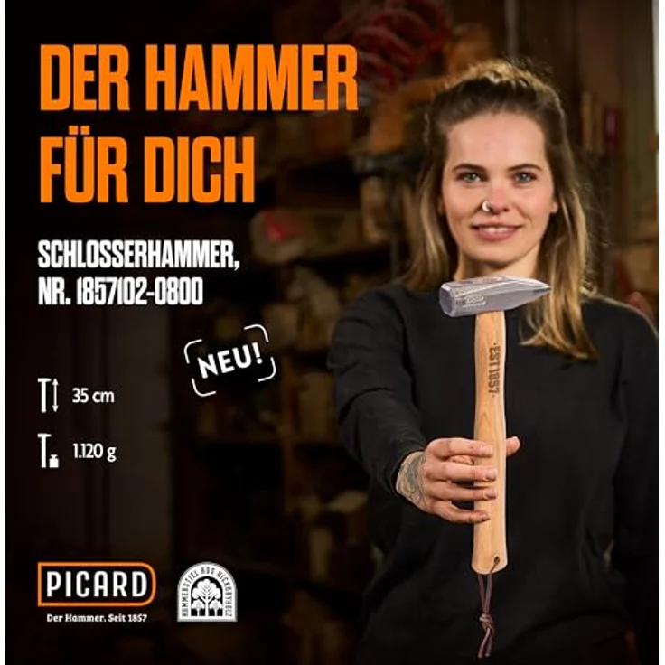 PICARD EST 1857 Schlosserhammer 800g, handgeschmiedeter Spezialstahl, gewachster Hickorystiel in Geschenkverpackung – Bild 2