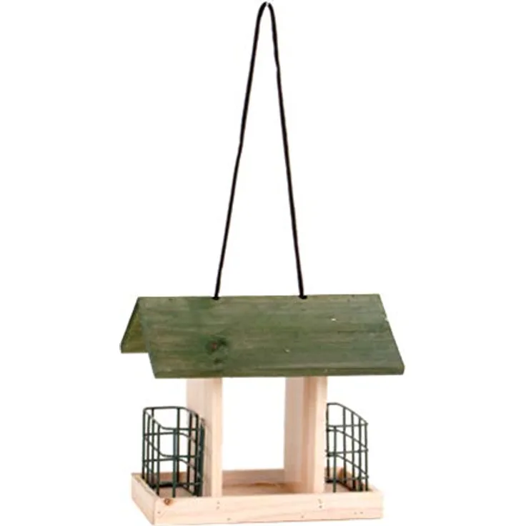 Spetebo Holz Vogel Futterhaus 24 cm zum Hinstellen oder Aufhängen - Großes Streufutterfach und 2 Körbe - Futterstation Vogelhäuschen Futterstelle Futterspender