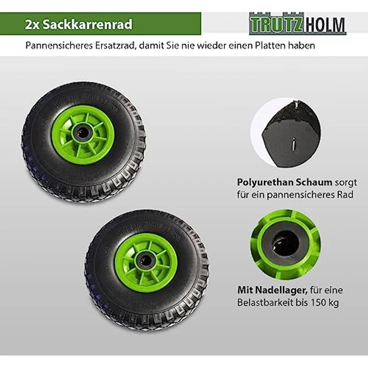 2X TRUTZHOLM Sackkarrenrad Pannensicher 260mm 3.00-4 PU Sackkarre Ersatzrad Rad Reifen 75mm Achslager – Bild 2