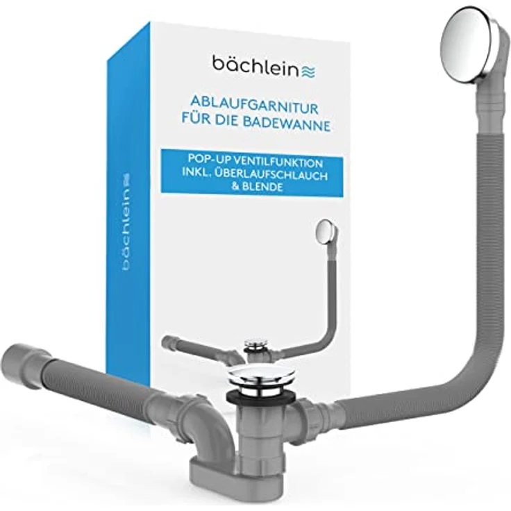 Bächlein Ablaufgarnitur Pop Up für die Badewanne, Pop Up Funktion inkl. Siebeinsatz für einen sauberen Wannenablauf, Komplettset inkl. flexiblem Überlauf, Überlaufblende & Siphon – Bild 1