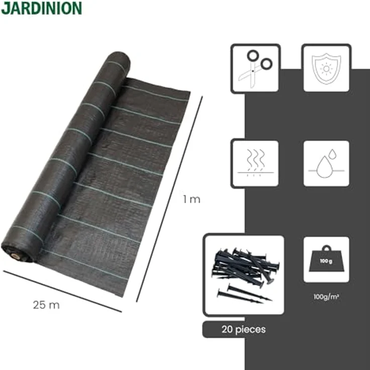 Jardinion Unkrautvlies 100g/m² 25m, wasserdurchlässige Unkrautfolie mit hoher UV-Beständigkeit, schwarz, inkl. 20 Erdanker GRATIS – Bild 2