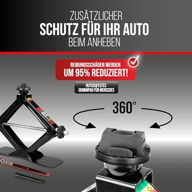 HEYNER® Scherenwagenheber 2 t für Mercedes GLC X254 (2022–), runder Sattel, 360° drehbare Gummiauflage, Hub 125–470 mm, 17 mm Ratsche, komfortabler Drehknauf, Standfuß 30×8 cm, bis −50 °C – Bild 7