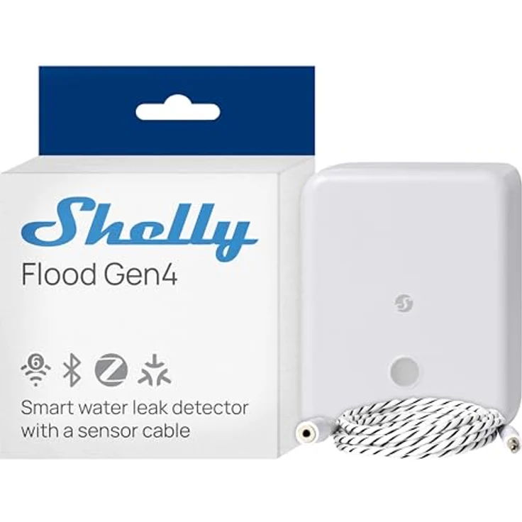 Shelly Flood Gen4, smarter Wassersensor mit Leck-Sensorkabel, IP44, Flut- & Regenerkennung, anpassbare Alarmstufen, kompatibel mit Alexa, Google Home & Zigbee – Bild 1