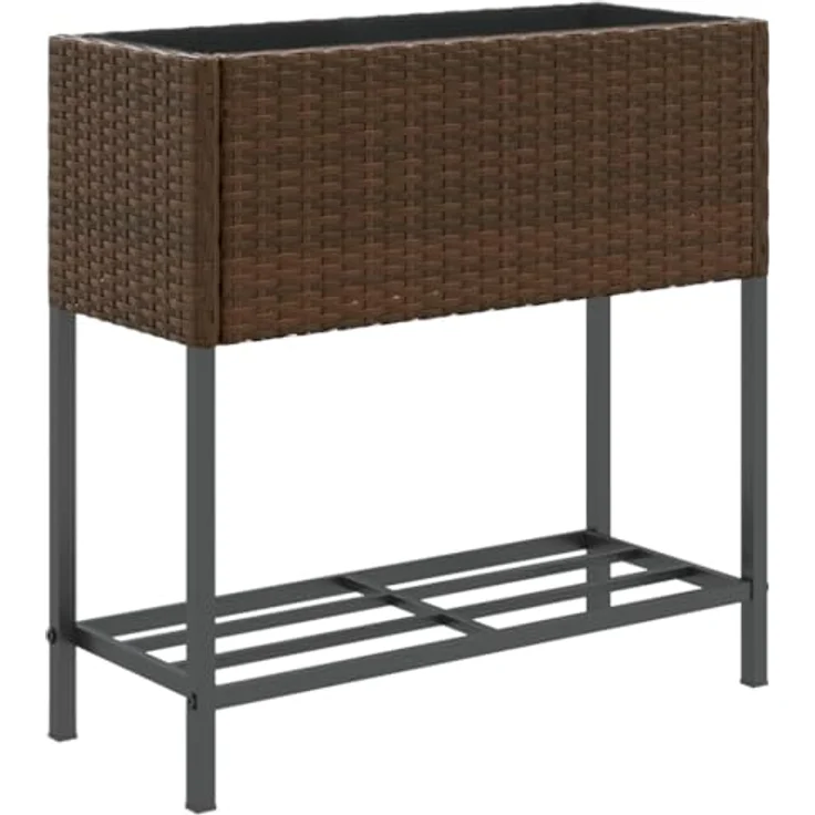 vidaXL Pflanzkübel mit Ablage Braun Poly Rattan, langlebiges PE-Rattan, stabiles Stahlgestell, praktische Ablage – Bild 1