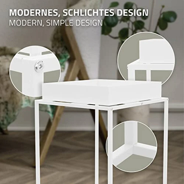 ML-Design Pflanzenständer Weiß aus Metall, 45x45x80 cm, quadratisch, stapelbar, Ablagefläche mit hohem Rand, Blumenständer mit abnehmbarem Tablett, Innen/Außen, Pflanzkasten Blumenkasten Beistelltisch – Bild 3
