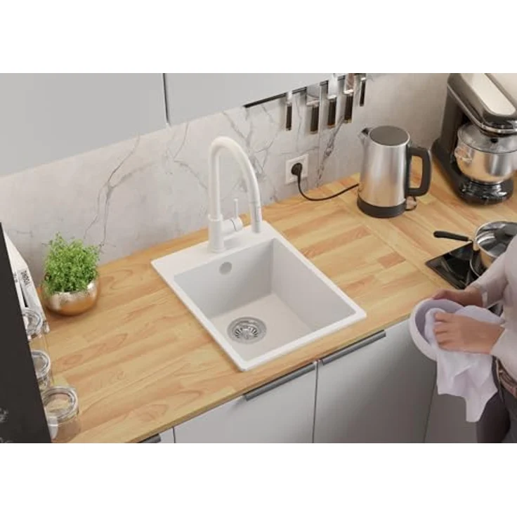 Primagran Spülbecken Riga 40 Weiß 38x50cm, Granitspüle 1 Becken + Ablauf-Set, für 40er Unterschrank - Hitzebeständig, Schmutzabweisend, Minimalistisches Design – Bild 3