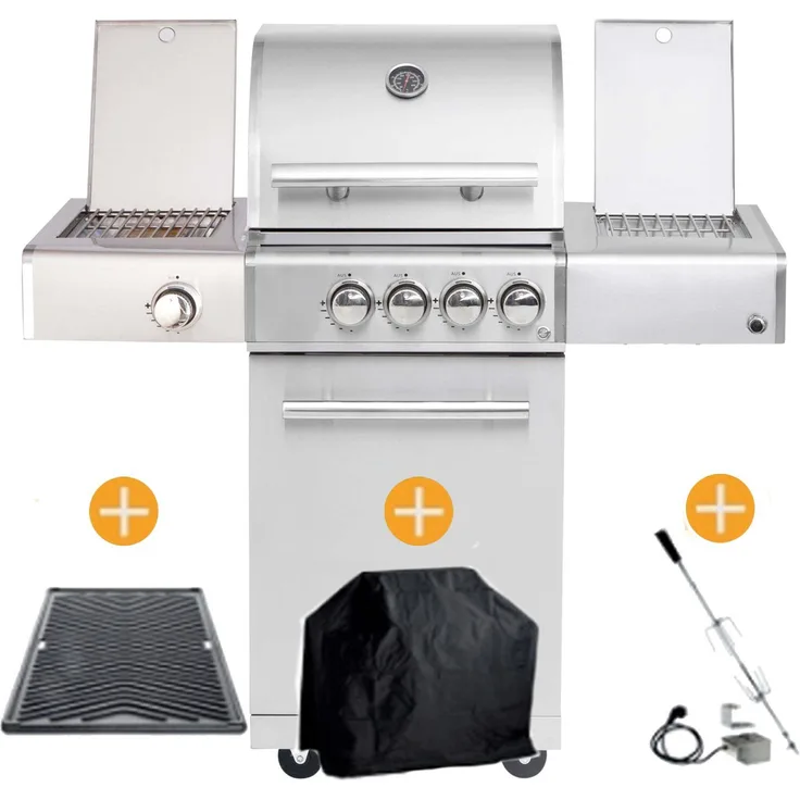 ALL'GRILL Gasgrill CHEF Paket S2 Silber, 2 Brenner, Backburner, Seitenkocher Steakzone, Wetterschutzhülle, BBQ Paket