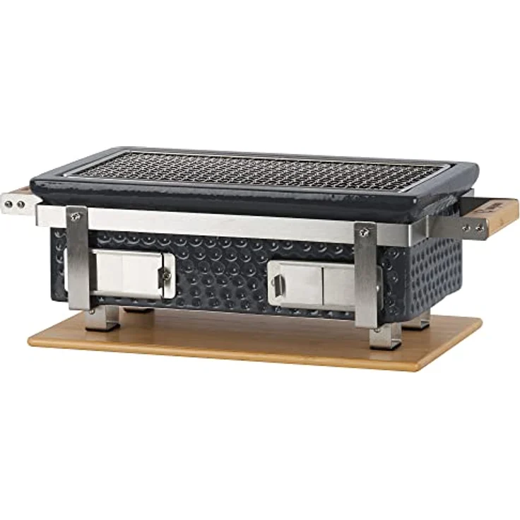 BBQ-Toro Keramik Tischgrill mit Holzunterlage | 50 x 23 x 17 cm | Hibachi Tischgrill ohne Strom | Grau | Minigrill, Tischgrill Holzkohle, Kohlegrill Camping Grill Holzkohle, Mini Grill Holzkohle – Bild 1