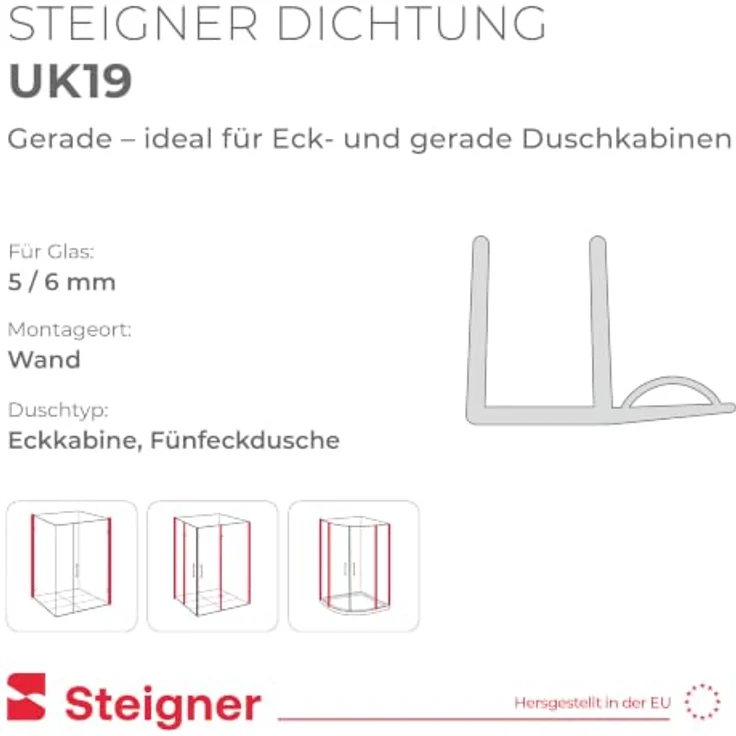 STEIGNER Duschtürdichtung UK19, 30 cm Transparent - Gerade Dichtung für Eckeinstieg und Fünfeckdusche, 5-6 mm Glasdicke, 100% wasserdicht, schimmelresistent, individuell kürzbar – Bild 2
