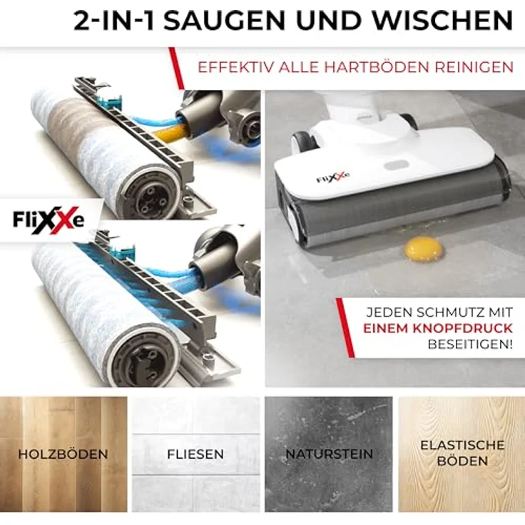 Flixxe 2x2 Squizlle Nass-Trockensauger - kabellos, 150W, 30 Min Laufzeit, LED-Display, Selbstreinigung, X-Sense Technologie, Zwei-Tank-System, Tierhaar-Entfernung, beidseitige Kantenreinigung - schwarz – Bild 3