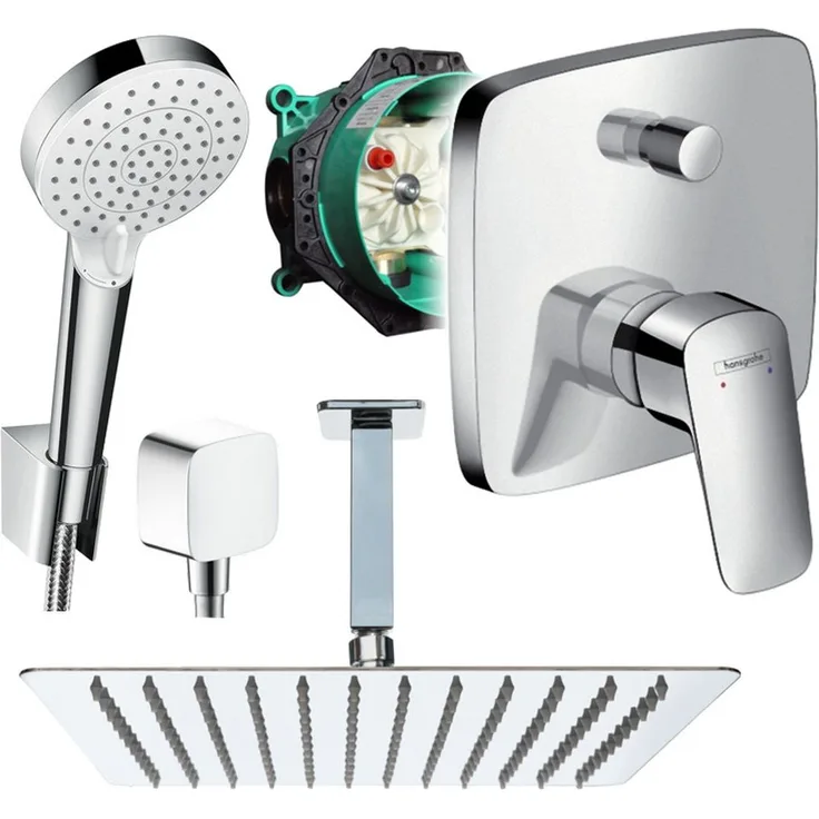Hansgrohe Logis Unterputz Duschsystem mit Kopfbrause und Deckenanschluss, quadratische Edelstahl-Kopfbrause 250/300/360mm, schwenkbar, ½ Zoll Anschluss