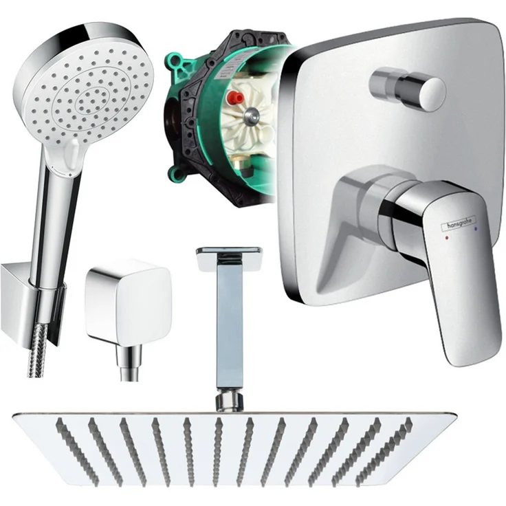Hansgrohe Logis Unterputz Duschsystem mit Kopfbrause und Deckenanschluss, quadratische Edelstahl-Kopfbrause 250/300/360mm, schwenkbar, ½ Zoll Anschluss
