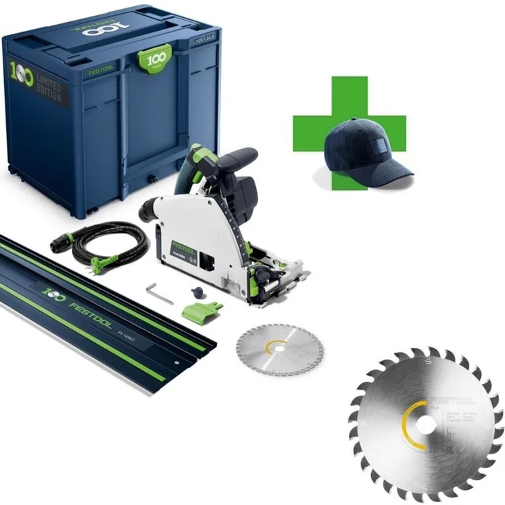 Festool Tauchsäge TS 60 KEBQ-Plus-FS 100Y 578221, limitierte 100 Jahre Edition mit Kreissägeblatt 168x1,8x20 W28, 60 mm Schnitttiefe, KickbackStop