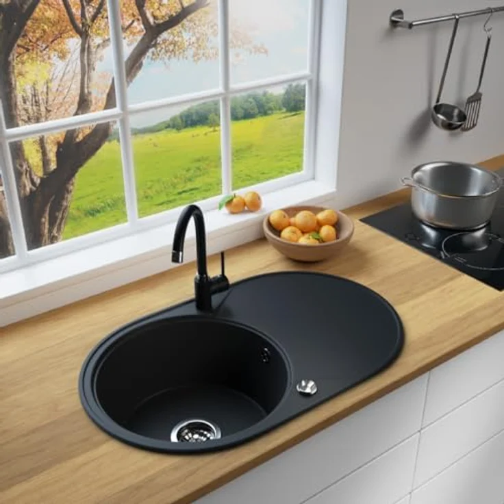 Lindbergh Spülen Rein Schwarz LINDBERGH® Antibakterielle Granit Spüle "IDE44" Einbauspüle Küchenspüle Spülbecken (2. Spüle IDE44 + Armatur 1-Galo) mit antibakterieller Beschichtung und hitzebeständig bis 280°C – Bild 2