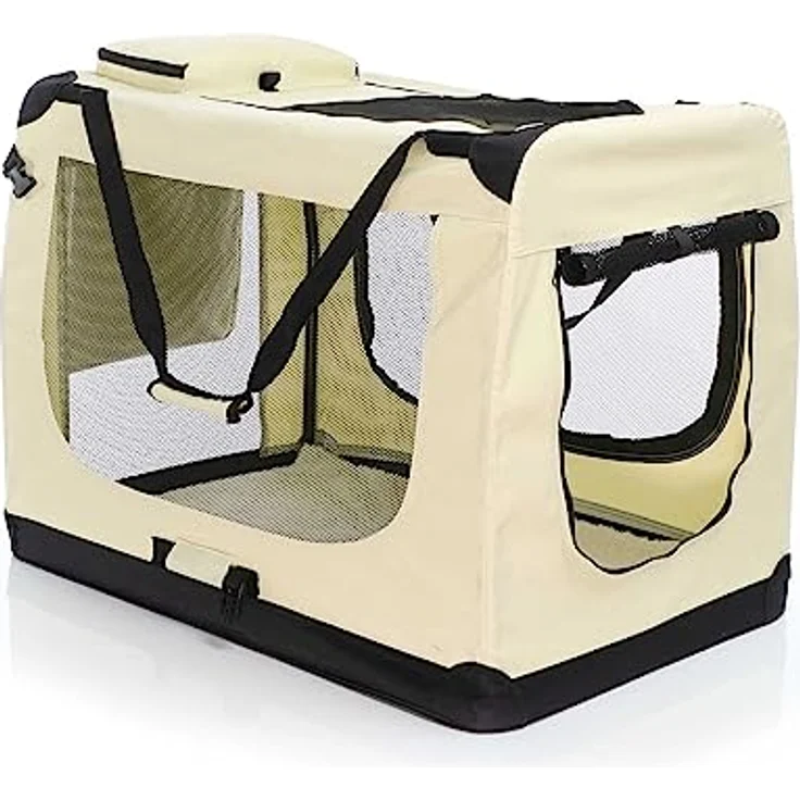 Fudajo Faltbare Transportbox für Hunde, Katzen XXL (90x63x63cm), Robust, Leicht, Sicher, mit Tragegriff und Decke, Beige – Bild 1
