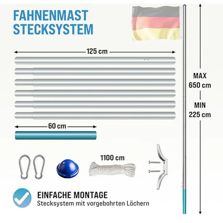 monzana Aluminium Fahnenmast 6,50m, Teleskop mit Seilzug und Flagge 150x90cm, wetterfest, inkl. Bodenhülse und Schutzkappe – Bild 6