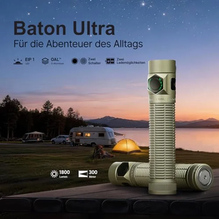 OLIGHT Baton Ultra LED Taschenlampe, 1800 Lumen, 6 Lichtmodi, IPX8 Wasserdicht, Aufladbar, Olivgrün – Bild 2