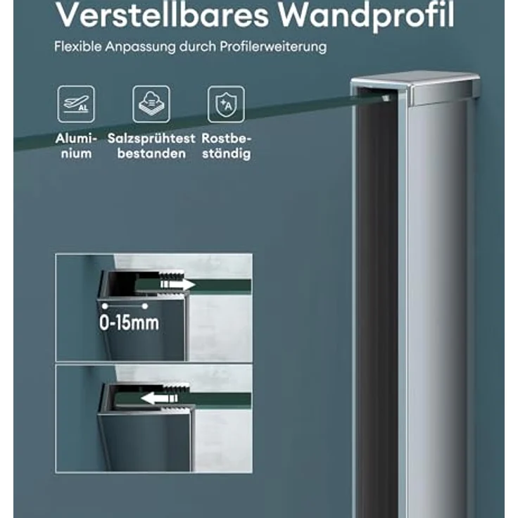 Mai & Mai Duschwand Bremen1, Duschabtrennung 50x200cm aus 8mm ESG-Sicherheitsglas mit NANO-Beschichtung, beidseitig montierbar, inkl. Stabilisator BRAM1 – Bild 2