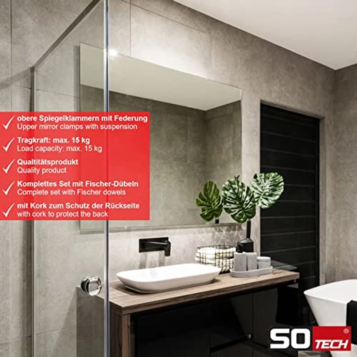SOTECH 1 Set Spiegelklammern für ungerahmte Spiegel, inkl. Befestigungsmaterial, max. Tragkraft 15 kg, chrom poliert – Bild 2