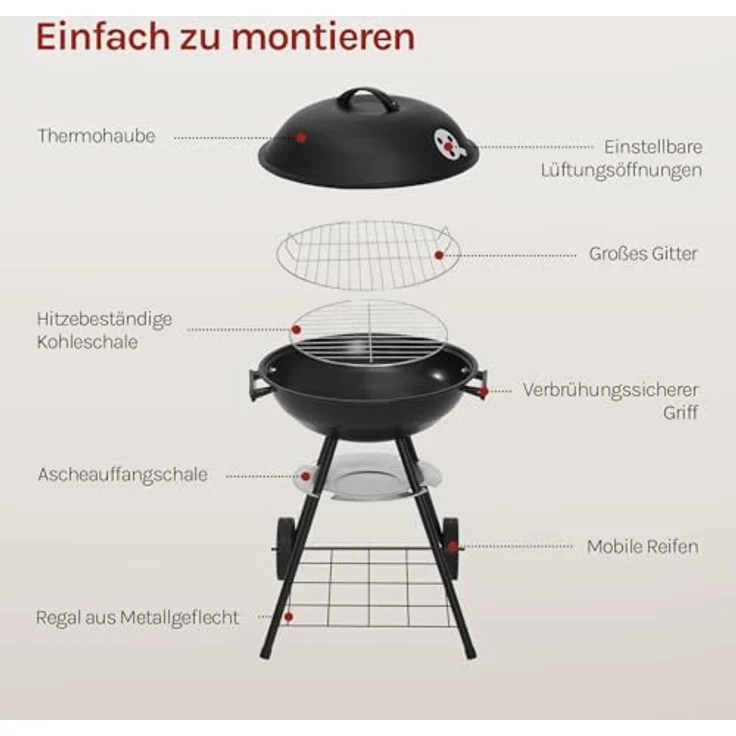 Holzkohlegrill mit Räder für Garten Camping, Schwarz, 41,5 cm – Bild 7