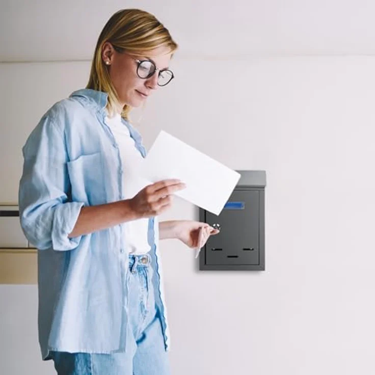 Relaxdays Briefkasten mit Namensschild, aus Metall, mit 2 Schlüsseln, Postkasten schmal, HxBxT: 26,5 x 19 x 6,5 cm, blau, 1 Stück – Bild 3