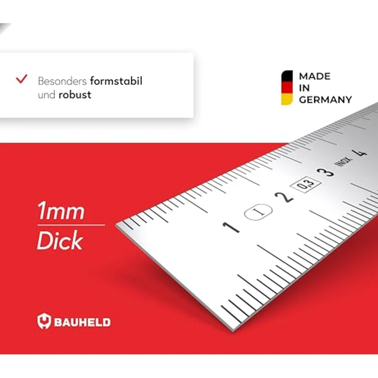 BAUHELD Stahllineal 300mm, Präzisions-Metal-Lineal mit beidseitiger Skala in Zoll und Zentimeter, rostfreier Edelstahl mit Aufhängelochung – Bild 5