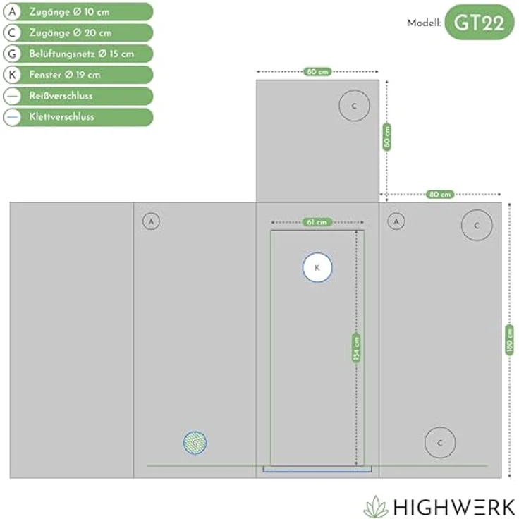 HIGHWERK Growzelt 80 x 80 x 180 cm, Indoor Growschrank mit 95% Lichtreflektion, schwarz grün – Bild 2