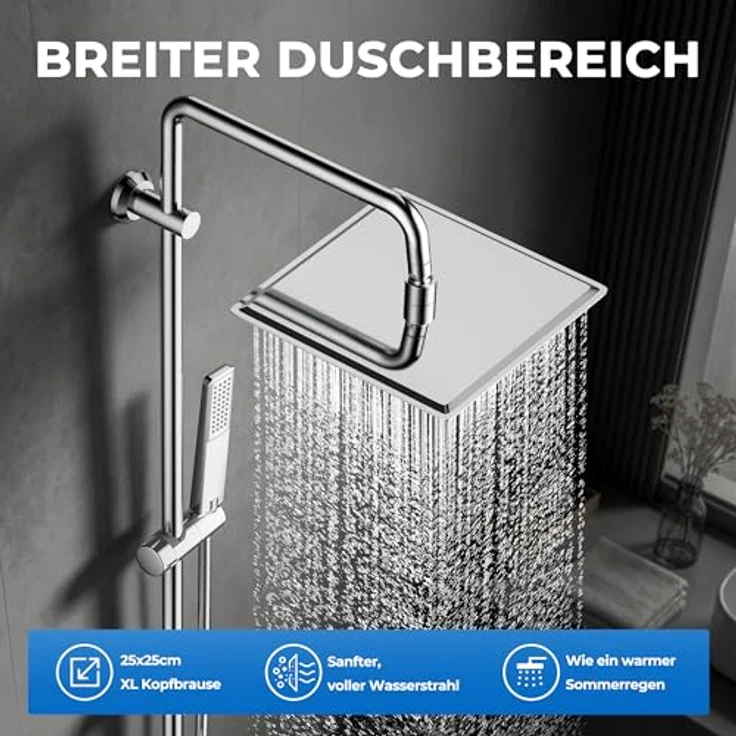Görbach Regendusche Duschsystem, XL-Duschkopf 25x25cm, verstellbare Duschstange aus Edelstahl, Chrom – Bild 2