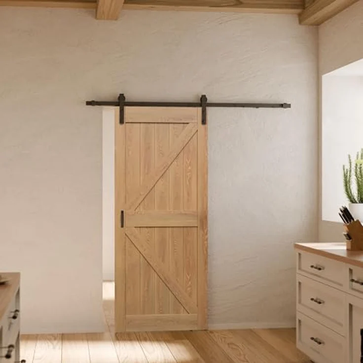 inova Holzschiebetür Komplettset 900x2150mm, Eiche Vintage mit schwarzer offener Laufschiene und wartungsfreien Kugellagern – Bild 1