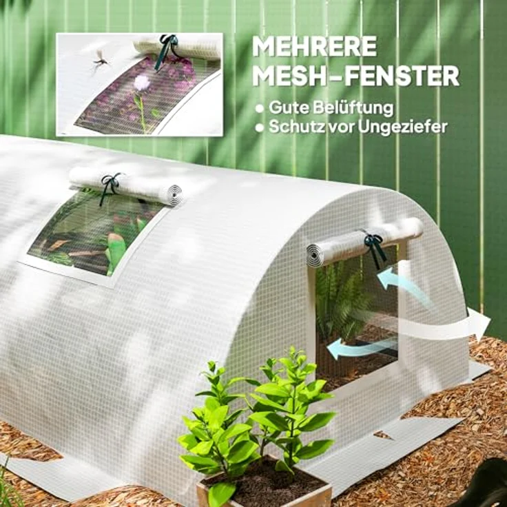 Outsunny Gewächshaus mit Rollfenster Runddach, Winterfest Foliengewächshaus aus Stahl wasserabweisend Treibhaus für Balkon Tomatenhaus mit UV Schutz 300x80x45cm Tomatengewächshaus für Gemüse, Weiß – Bild 4