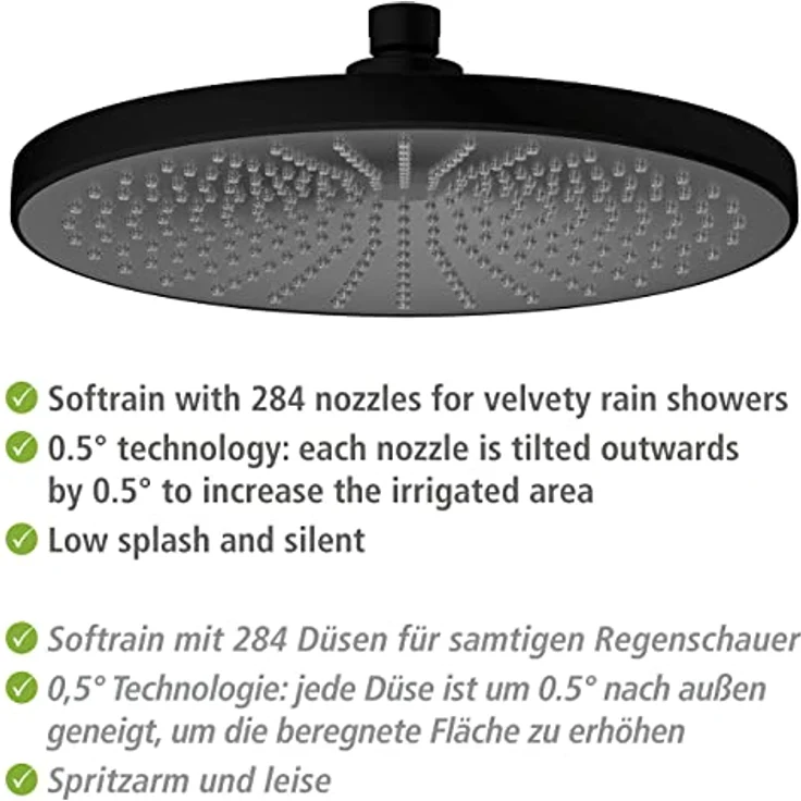 WENKO Regenduschkopf Ultimate Shower, Schwarz/Grau, Sanfte Softrain Funktion, 284 Düsen, Ø 25 cm – Bild 4