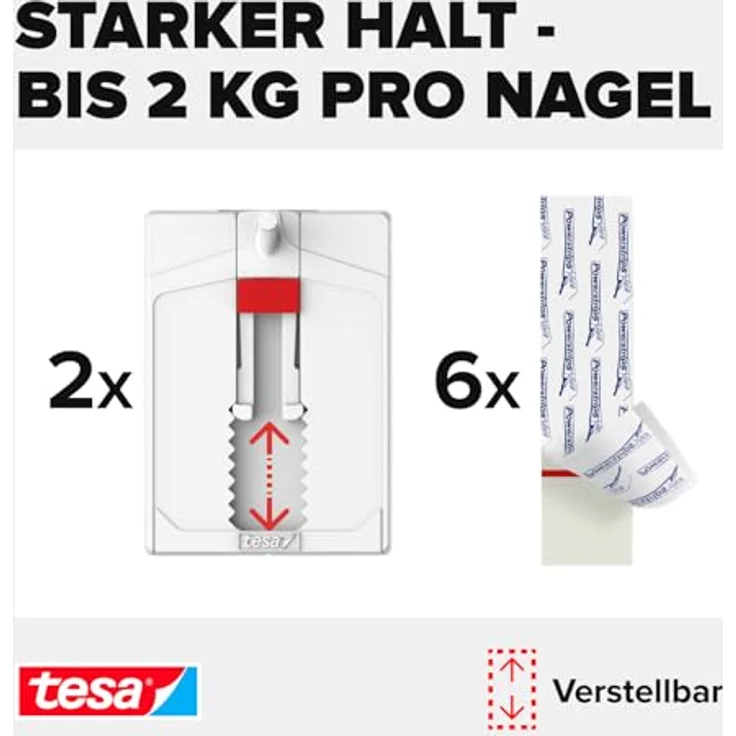tesa 77777-00000-00 Tapete & Putz bis 2kg Verstellbarer Klebenagel für Tapeten und Putz-Selbstklebender Nagel Powerstrips - 2 x 2 kg Halteleistung, Weiß, 2 kg, 2 Stück – Bild 3