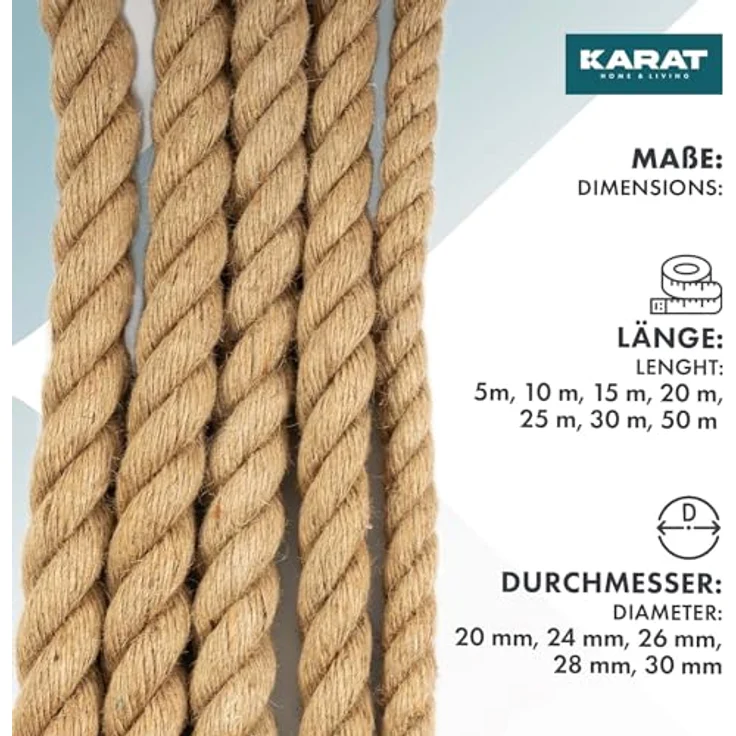 KARAT Juteseil Kletterseil 30m, 26mm dick, 100% Naturjute, robust und griffig für Sport, Garten und Bastelarbeiten – Bild 2