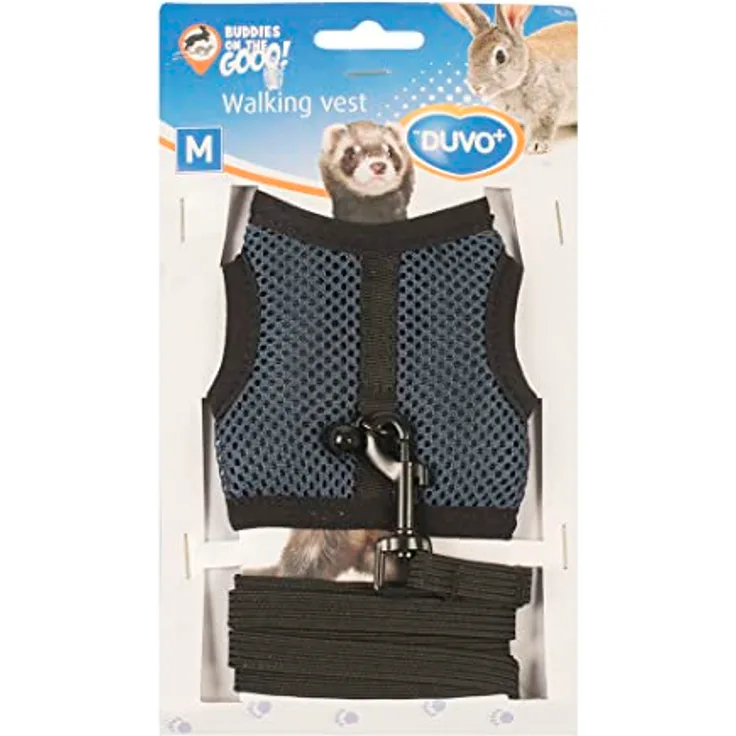 duvoplus, Wanderweste für kleine Säugetiere M – 7 x 10 x 2 cm, Blau, anpassbare Weste mit Leine aus Stretch, sicher zu bewegen, hochwertiges Nylon, waschbar, inkl. Glöckchen