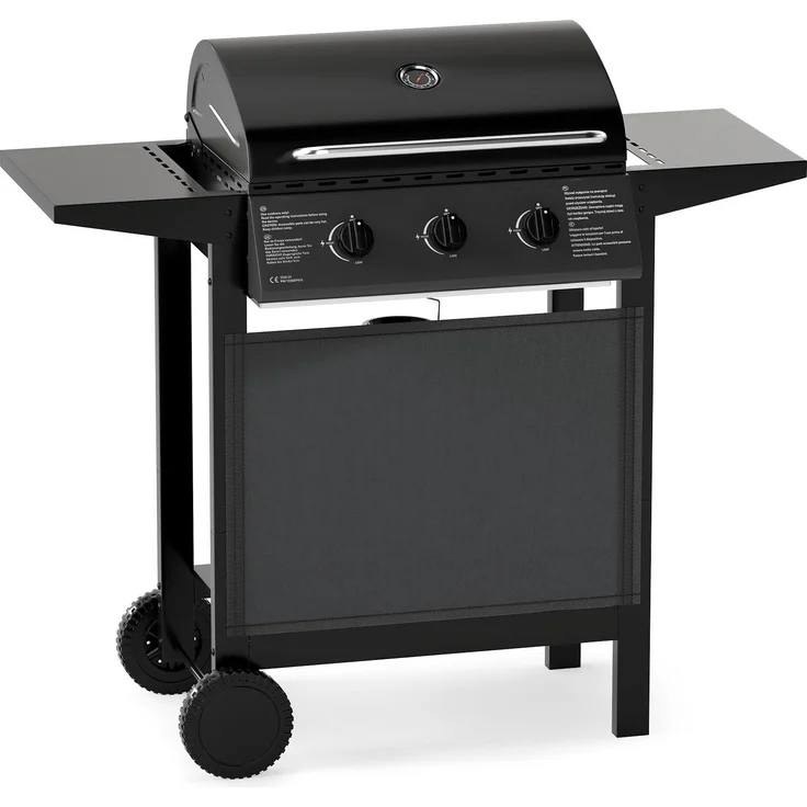COSTWAY Gasgrill CGR-3B, 3 Brenner, 7 kW Grillwagen mit Seitentischen, Thermometer und Rädern, schwarz