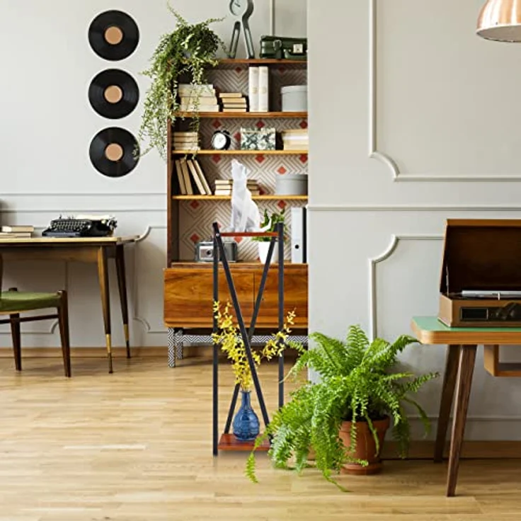 Relaxdays Blumenständer, 2 Etagen in Holzoptik, Metall/MDF, moderner Blumenhocker, HBT: 99x29x29 cm, schwarz/Dunkelbraun – Bild 2