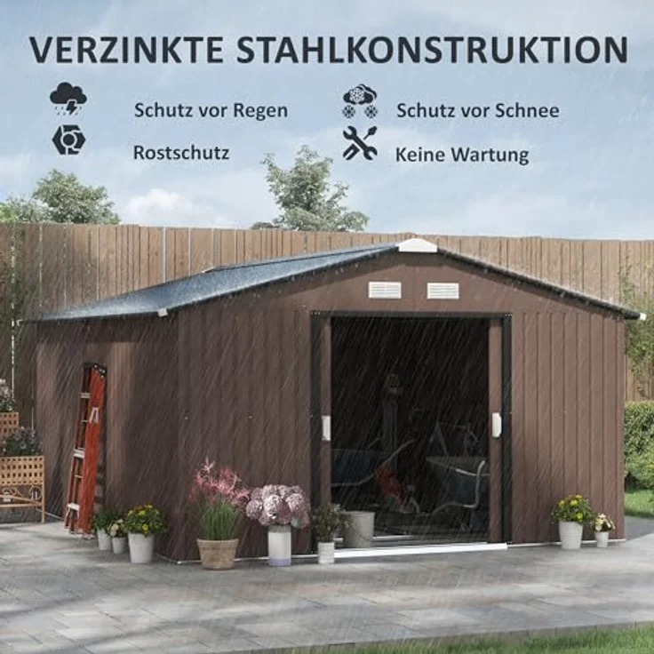 Outsunny Gerätehaus 12,4 m², Gartenhaus mit Pultdach, Schiebetür, Fundament, wetterfest, Braun – Bild 3