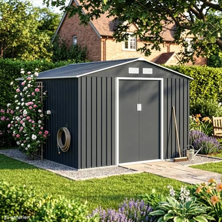HATTORO S250 Metall Gerätehaus, 7,2 m² mit Satteldach und Bodenrahmen, Dunkelgrau – Bild 2