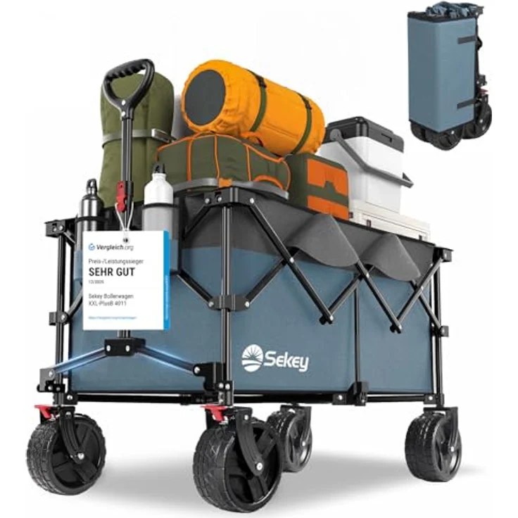 Sekey XXL Plus Bollerwagen Faltbar, 200L Volumen, 200KG Tragkraft, Patentierter Faltmechanismus, All-Terrain Räder, Blau-Grau – Bild 1