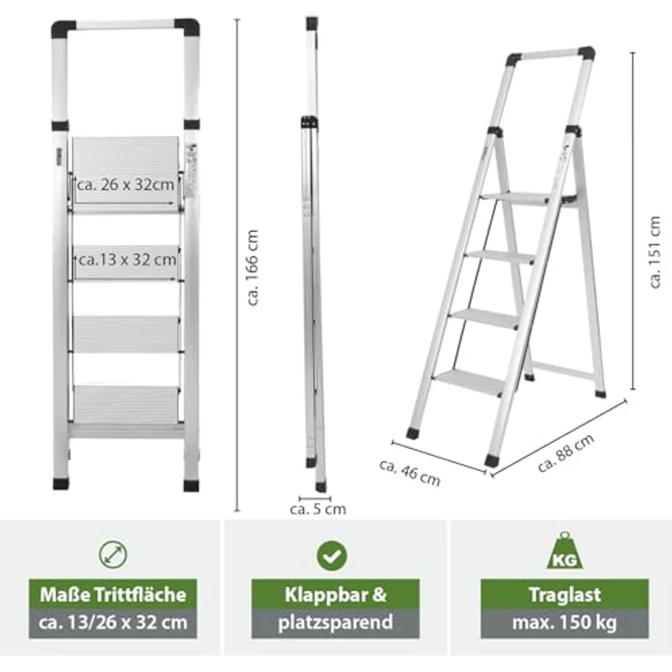 TRUTZHOLM Alu Trittleiter 4-stufig klappbar, bis 150 kg Traglast, TÜV/GS, Anti-Rutsch Trittflächen, silber, 5,6 kg leicht, platzsparend – Bild 3
