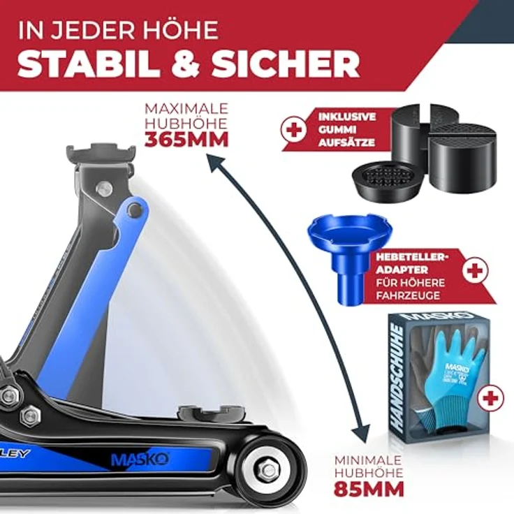 Masko Wagenheber hydraulisch Flache Hubhöhe + 2x Gummiauflage + Handschuhe KFZ Rangierwagenheber hydraulischer 360° Rollen Heber Unterstellbock, 2,5 Tonnen, Schwarz – Bild 5